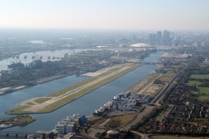 London City Airport, with the Thames Barrier on the left.