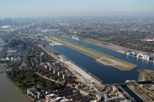 The runway at London City, bordered by the O2 and the Docklands. Note the residential areas nearby.