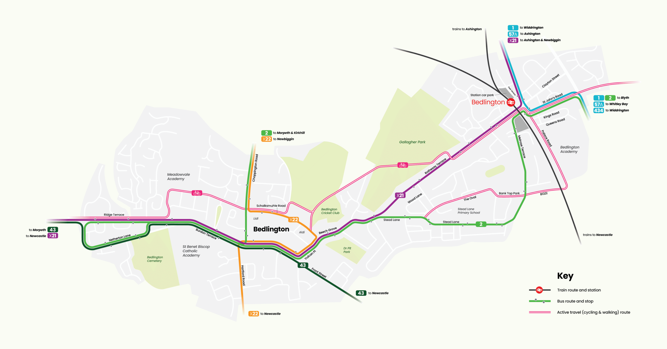 Map of Bedlington transport connections for Northumberland County Council