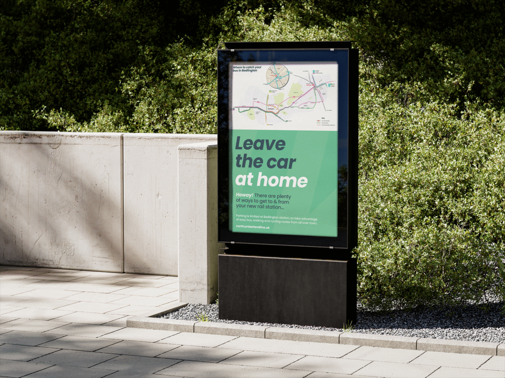 Poster case with a poster designed by Transport Designed for Bedlington