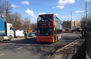 Orange Line 36-branded 628 (YN14 MUW) pulls off the QMC roundabout with a short working for Beeston