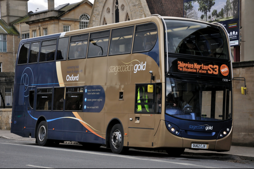 Stagecoach has introduced free wifi across many of its brands and services. A large orange sticker proudly displayed on the front of Gold 15838 tells customers all about it in Oxford. Image credit: NX4737 on Flickr.