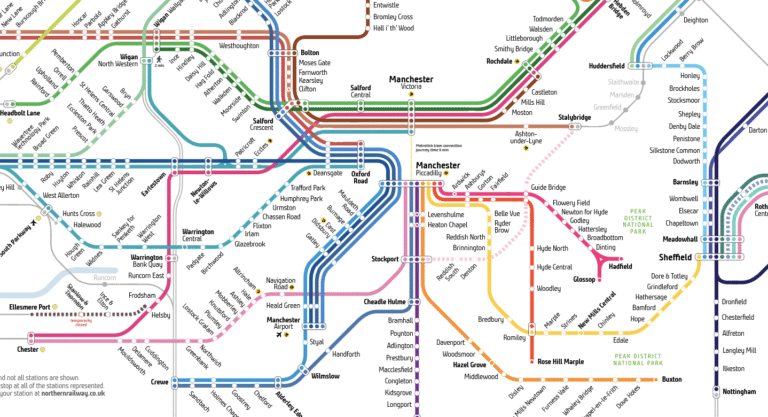 Northern Trains network map centred on Manchester Piccadilly