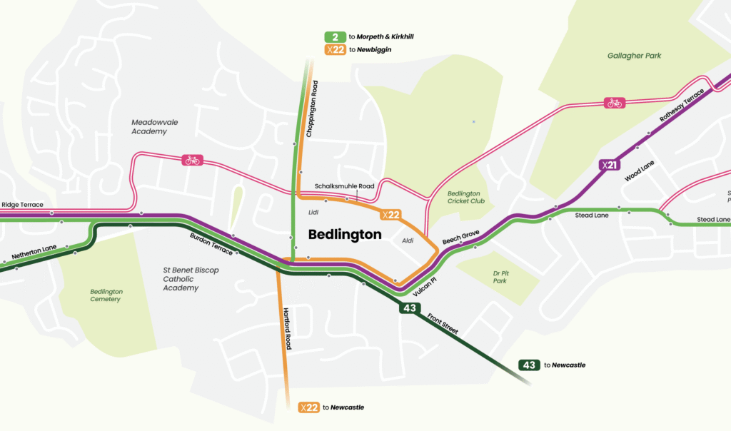 Map of Bedlington town centre showing bus, rail and cycling connections to the rail station