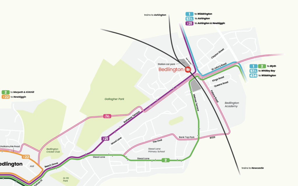 Bus, rail and active travel map showing Bedlington station on the Northumberland Line