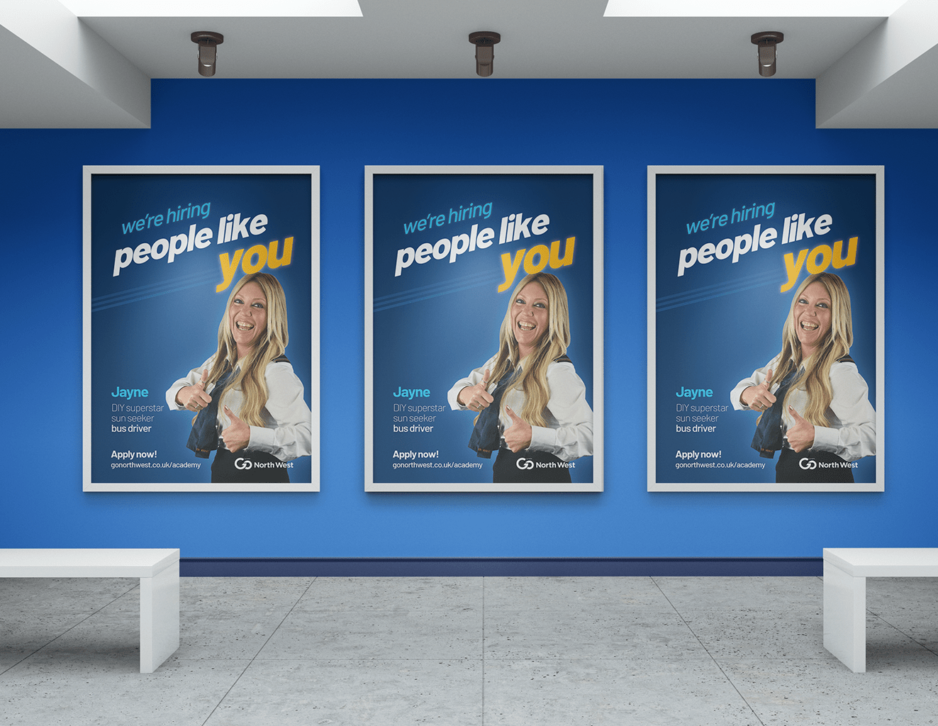 Three posters in a row for the 'we're hiring people like you' campaign
