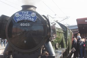 EDITORIAL USE ONLY Flying Scotsman at York Station at an event to celebrate the past, present and future of express UK rail travel. PRESS ASSOCIATION Photo. Picture date: Sunday April 23, 2017. The historic journey is celebrating the iconic locomotives as the rail operator looks forward to 2018 when the Azuma, which is set to be one of the most advanced trains on the UKs rail network, will usher in a new era for travel on the East Coast route.