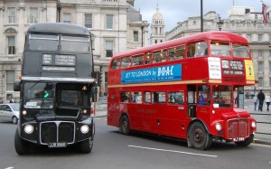 Routemasters side by side on Trafalgar Square