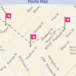 Screenshot from First's UK bus app showing a seemingly impossible bus route through central Manchester.