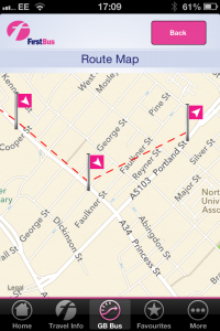 Screenshot from First's UK bus app showing a seemingly impossible bus route through central Manchester.