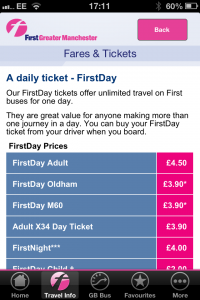 First Day prices in Manchester shown handily in the app.
